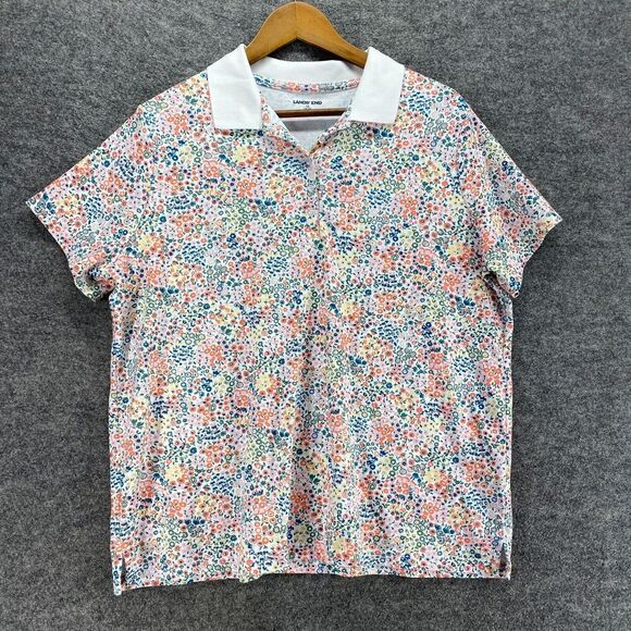 Lands' End Polo Shirt Women 1X Plus White Floral 1/2 Button Collared Cotton - Picture 1 of 9